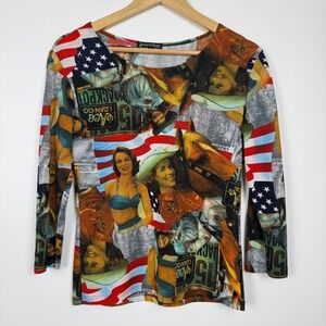 Vintage Jessica Max Semi Sheer Cowgirl Americana Print Top Womens Medium Western